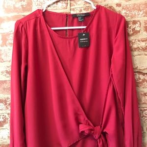 Red Solid woven wrap top round neck long sleeves